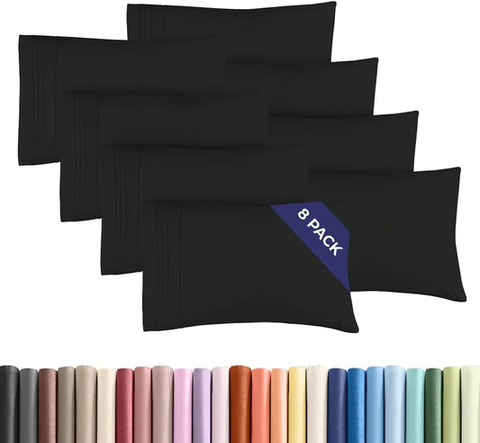 King Pillow Cases Set of 8 - Ultra Soft Hotel Quality Pillowcase Covers - Comfy & Wrinkle Free - Shrink, Stain and Fade Resistant - Easy-Care, Machine Washable Pillow Protectors - 8 Piece Set - Black