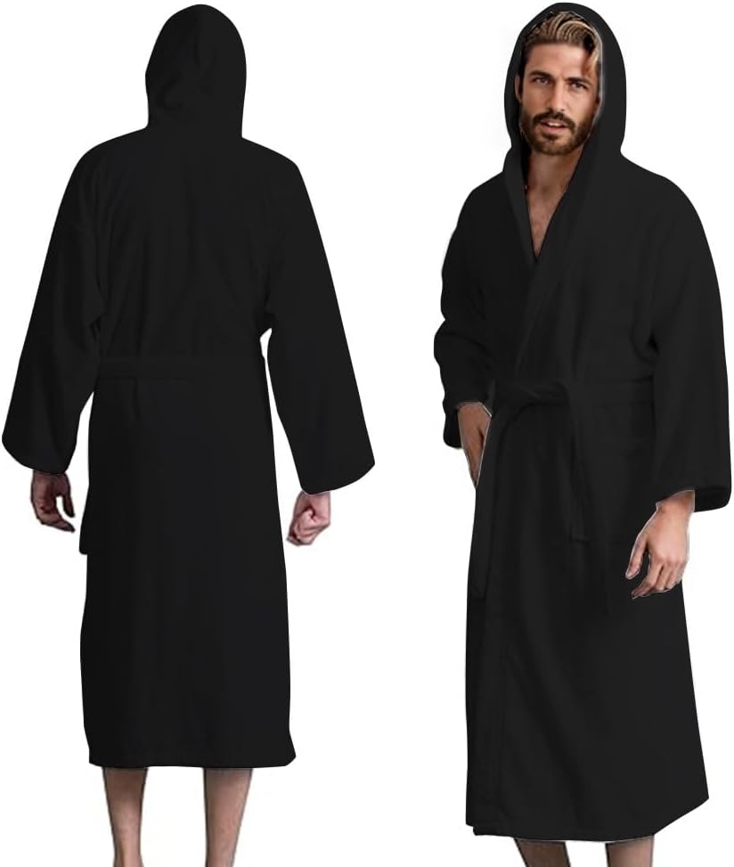 Men’s Hooded Bathrobe, 100% Cotton Terry Bathrobe, Spa Style Bath Robe, Absorbent Shower Robe, Lightweight Towel Bathrobes