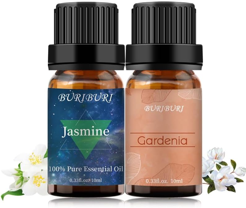BURIBURI Jasmine Oil and Gardenia Essential Oils Gift Set, 100% Pure, Undiluted, Natural, Organic Aromatherapy Jasmine Essential Oils for Diffuser, Massage, 10MLx2