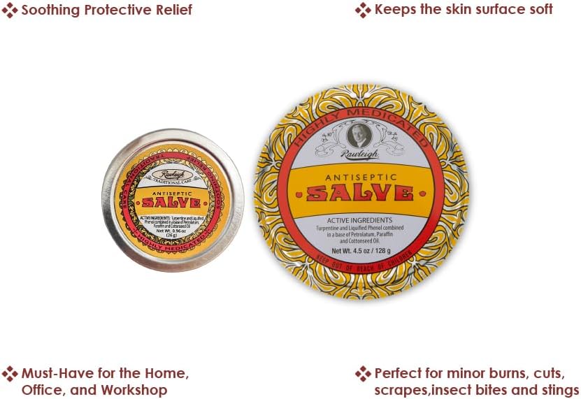 Rawleigh Antiseptic Salve Iconic Yellow Big Tin: 4.5 oz, Multi-Purpose Ointment Soothes Cuts, Bruises, Irritations, with Turpentine, Phenol, Cottonseed Oil & Paraffin, Original Formula - Pack of 3