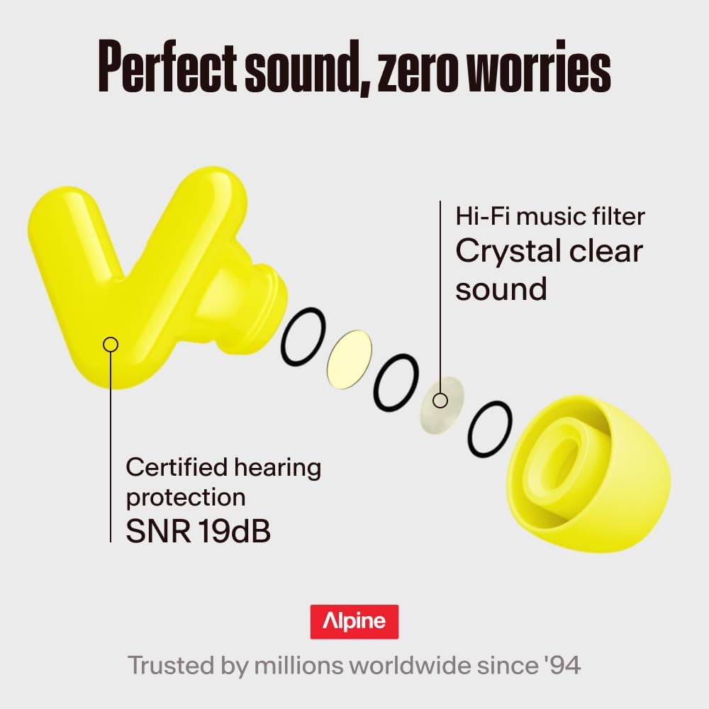 Alpine Tune Earplugs, Concert Ear Plugs for Noise Reduction, High Fidelity Music Quality, 19dB Hearing Protection with Crystal Clear Sound, Incl. 4 Sizes, For Parties, Raves, Festivals & Clubs, Yellow