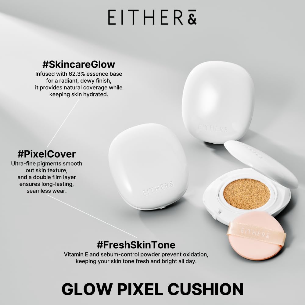 EITHER& Glow Pixel Cushion Foundation, Glowy Skincare, Korean Makeup, Natural Coverage, Moisturizing, Lightweight, Long Lasting Coverage for Flawless Skin (32N Caramel)