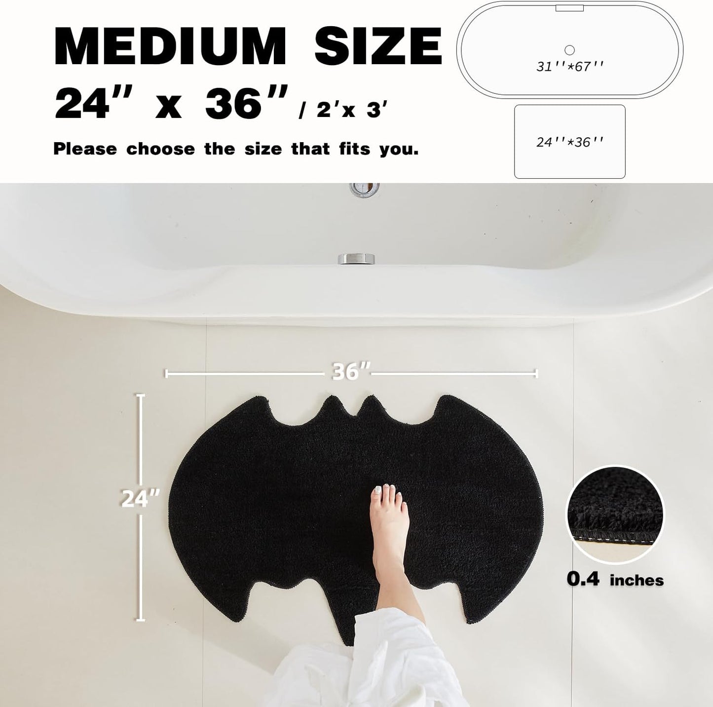 Halloween Bathroom Rug, Bat Bath Mat Super Absorbant Bathroom Rugs Non-Slip Washable Gothic Bat Shaped Floor Mat Halloween Decor, 24''x36'', Black