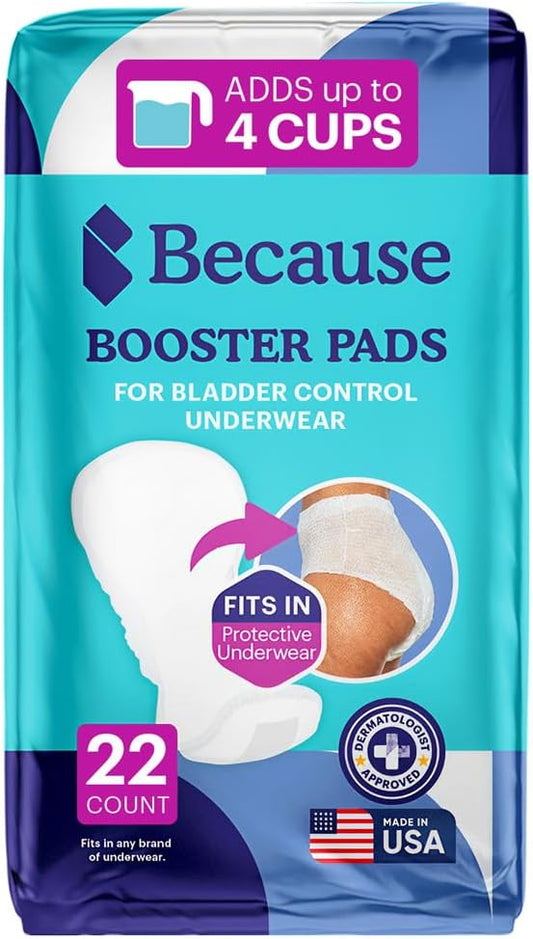 Because Premium Incontinence Booster Pads for Men and Women, Adds Extra Absorbency to Adult Diapers, Super Soft, Adhesive Strip Backing, Unisex, 22 Count