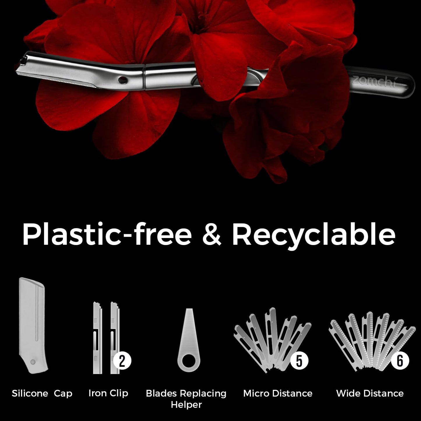 ZOMCHI Eyebrow Razor and Face Razor for Women and Men, Reusable Metal Handle with 11 Refill Blades, Dermaplane Razor with Protective Silicone Cap, Eyebrow Hair Trimmer - Polished Silver