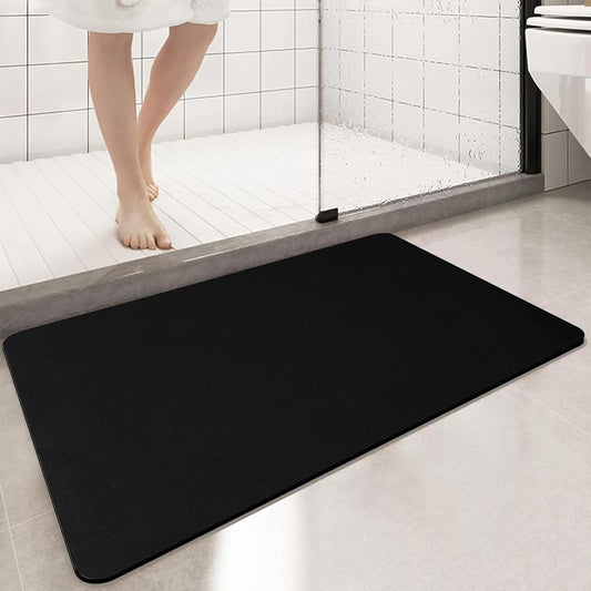 Diatomaceous Earth Bath mat Bathroom Rugs Super Absorbent Quick Dry Non Slip Bath Mat Thin Bathroom Floor Mats Fit Under Door-Shower Rug for in Front of Bathtub Shower, Black, 15.7"*23.6"