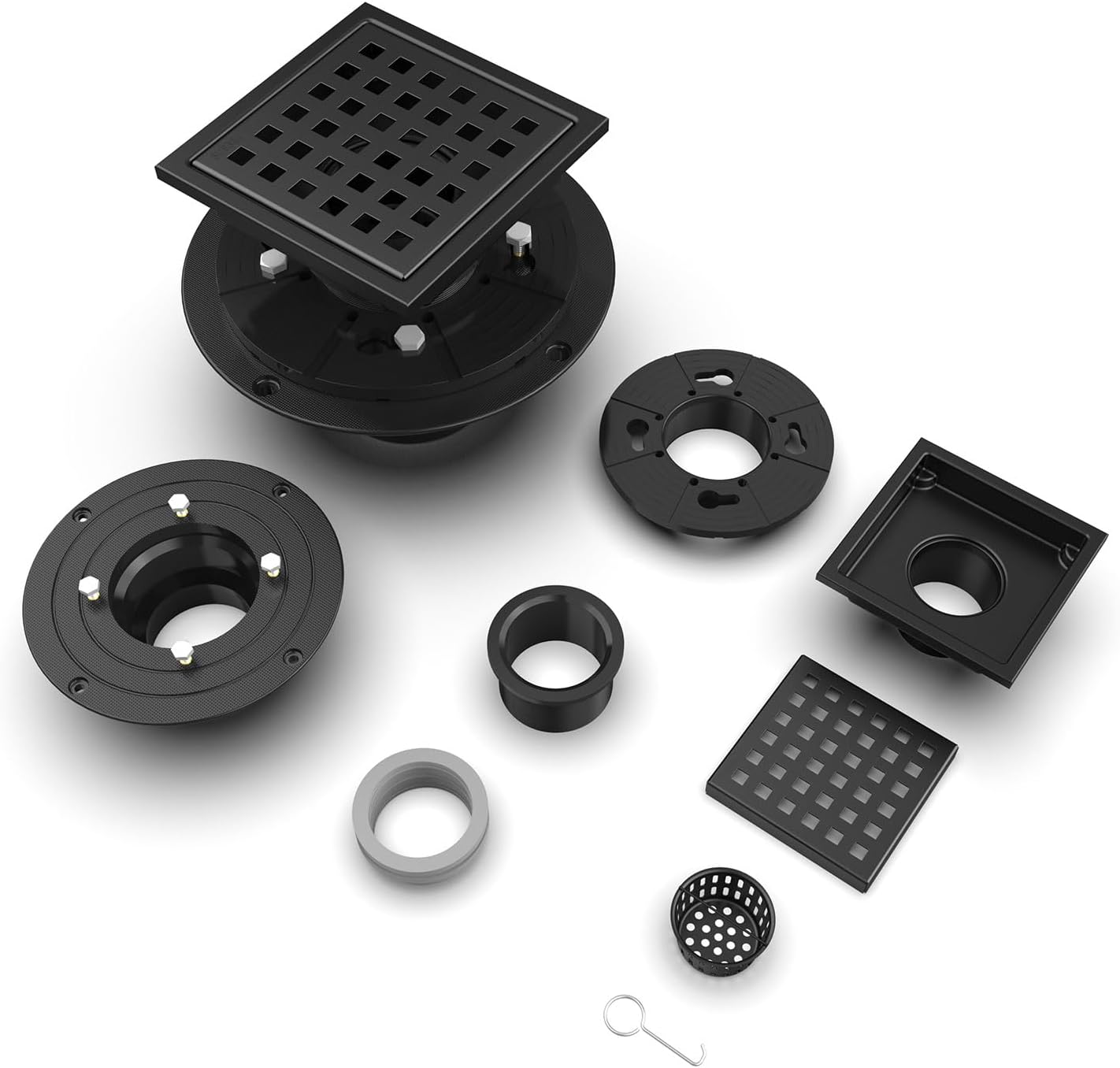 6 Inch Square Shower Drain SUS304 Stainless Steel Bathroom Floor Drain Strainer, Hair Catcher, Anti-Clog, Rust-Resistant, Fast Drainage (Matte Black)