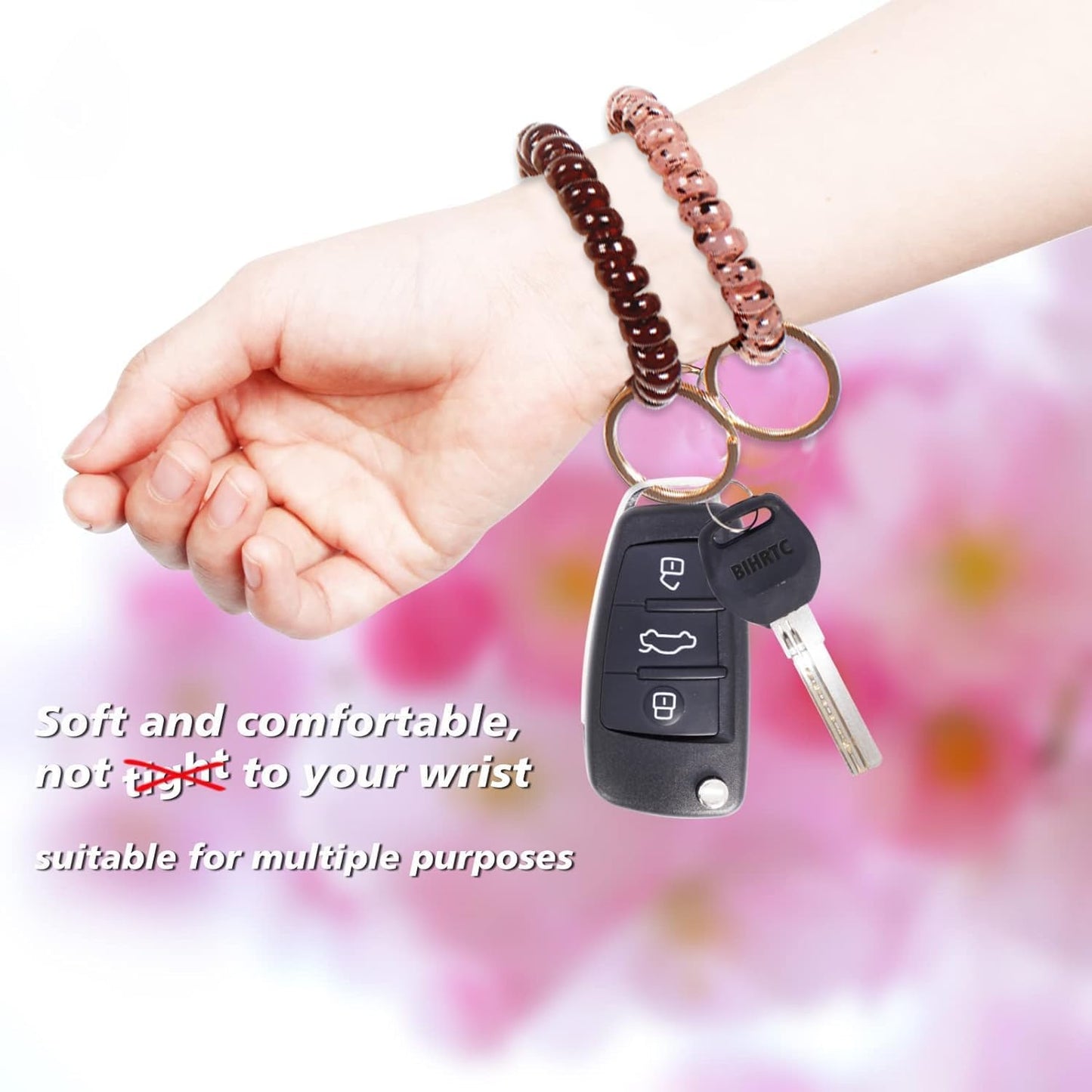 BIHRTC 6pcs Elastic Stretchable Wristband Key Ring Chains with Spiral Hair Tie for Sauna, Gym, Pool, ID Badge and Outdoor Sports