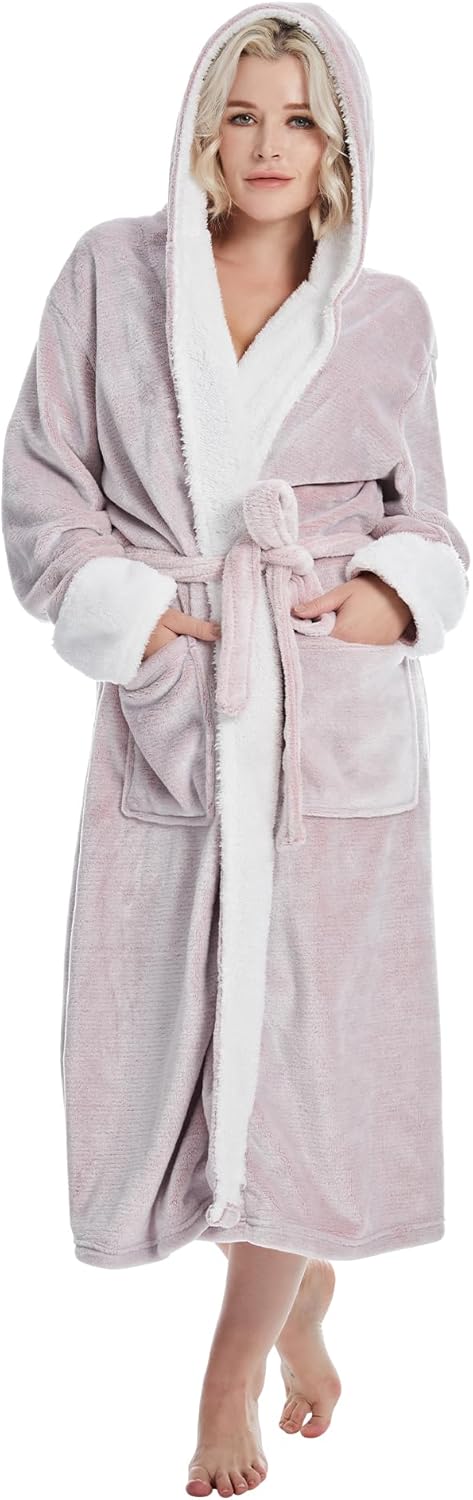 Plush Robes for Women - Womens Fleece Robes with Hood Long Cozy Bathrobe Soft and Warm Robe
