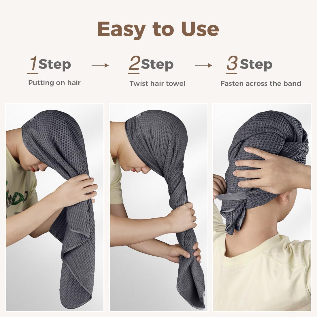 HOMEXCEL 2 Pack XL Microfiber Hair Towels Waffle Weave- 40 x 26.5 inches Fast Drying Turbans for Long, Thick, Curly Hair - Anti Frizz Wrap with Elastic Strap, Black/Grey