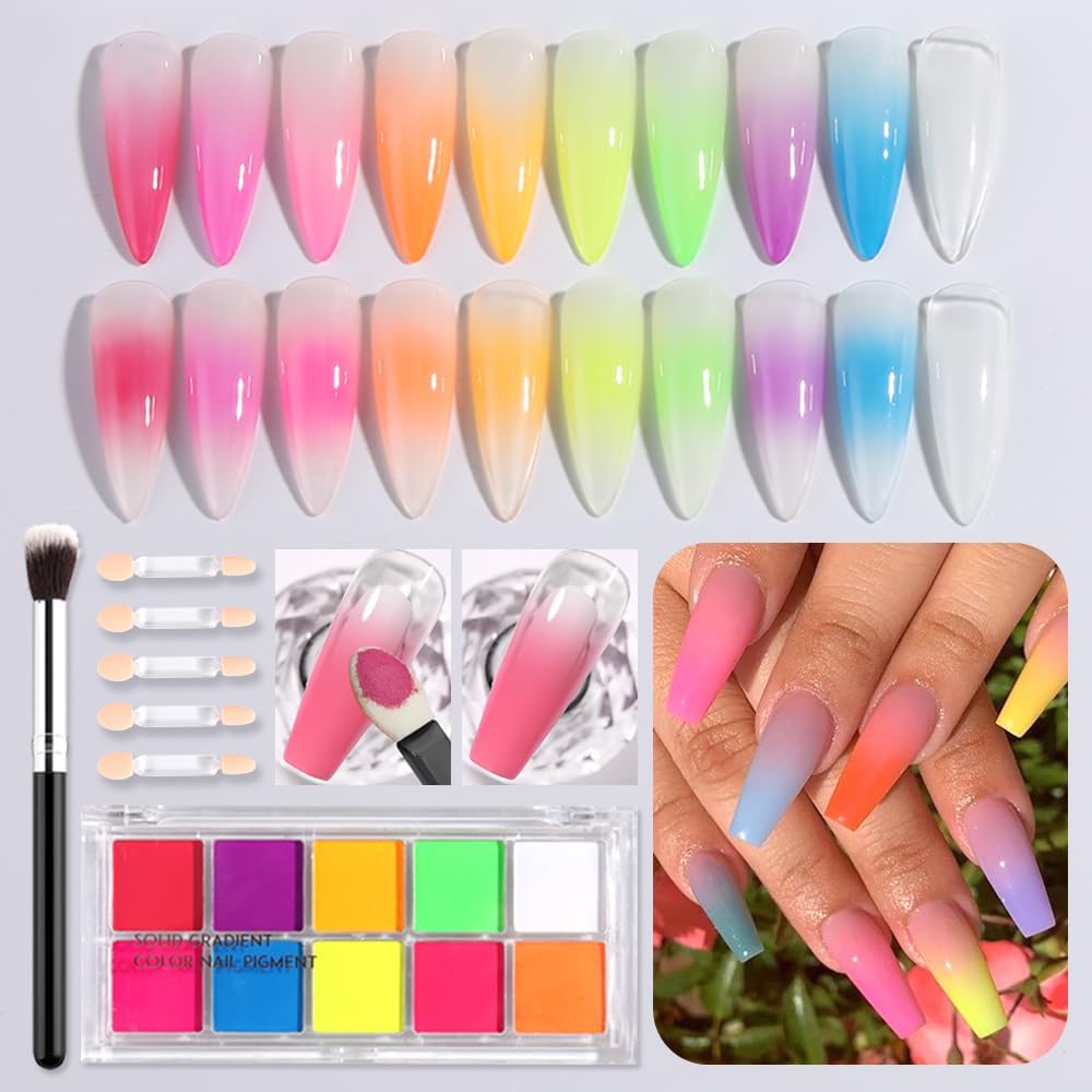 Neon Phosphor Nail Powder Set - 10 Colors, Fluorescent Glitter Gradient, Iridescent Rubbing Dust, Ombre Brush for DIY Nail Art