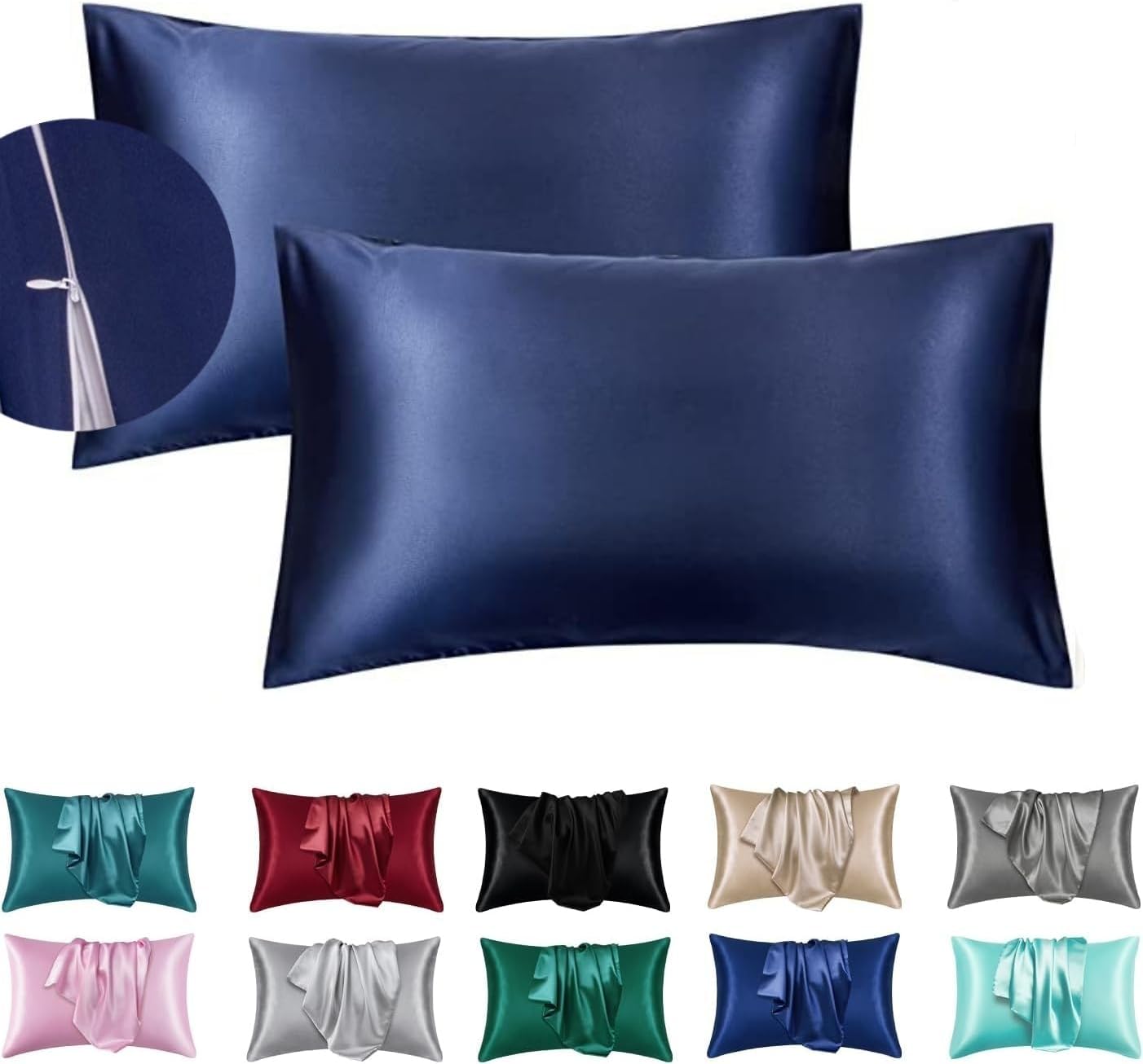 Juwenin Bedding,Luxury Satin Pillowcase with Zipper (Silky Satin Pillow Case for Hair) Set of 2 (Navyblue, Queen(20''x29''))