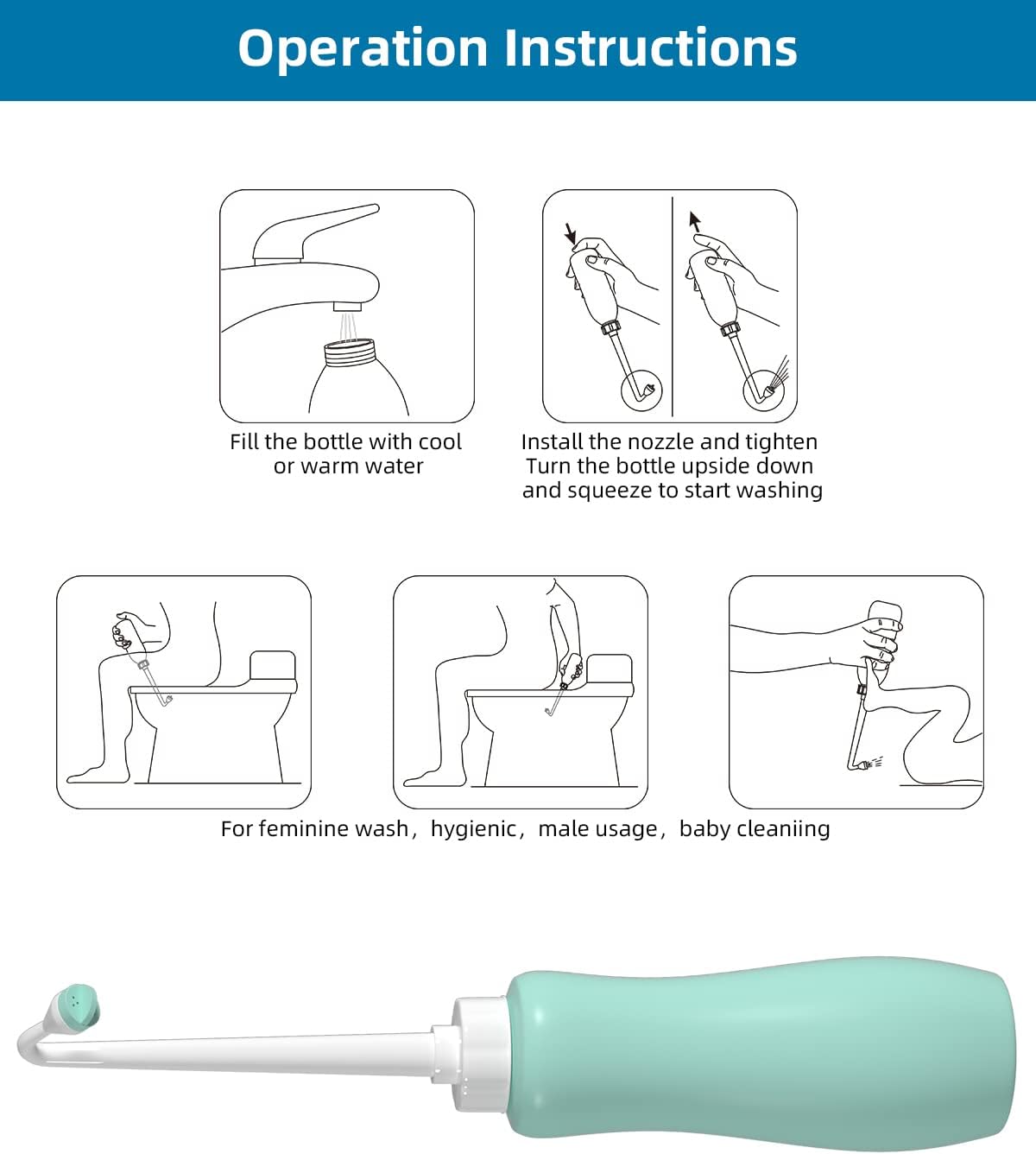 Hibbent Portable Bidet Sprayer and Travel Bidet with Hand Held Bottle for Personal Cleansing, Extended Nozzle Spray for Childbirth, Personal Hygiene, Outdoor, Camping with Travel Bag- 22oz/ Green