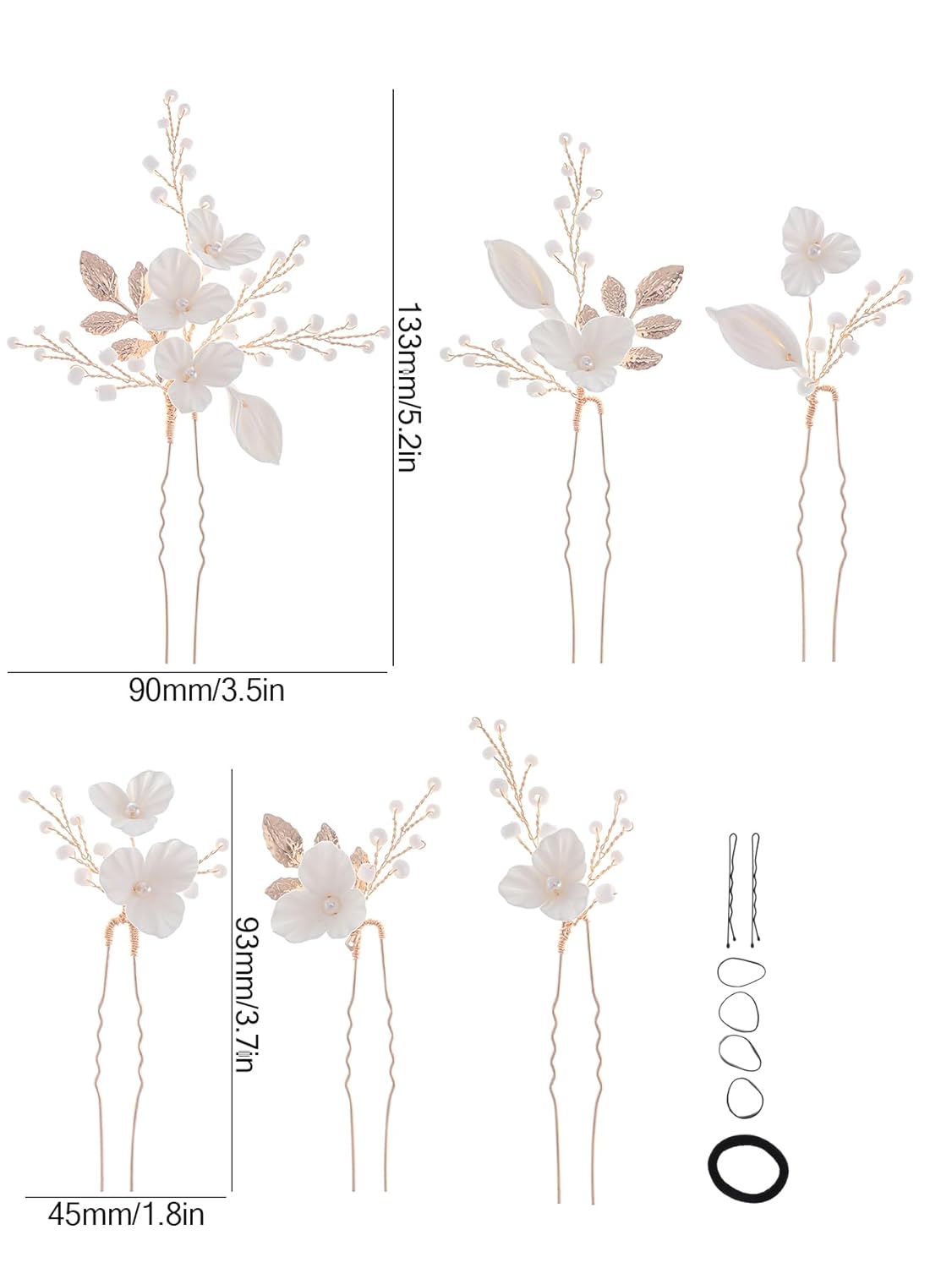 Beads Pearl Hair Pins, 6 Pcs Bridal Handmade White 3D Pinch Flower Fairy Bride Wedding Hair Pieces Leaf U Shaped Hair Accessories Headpiece Bridesmaids Women Girls Gold