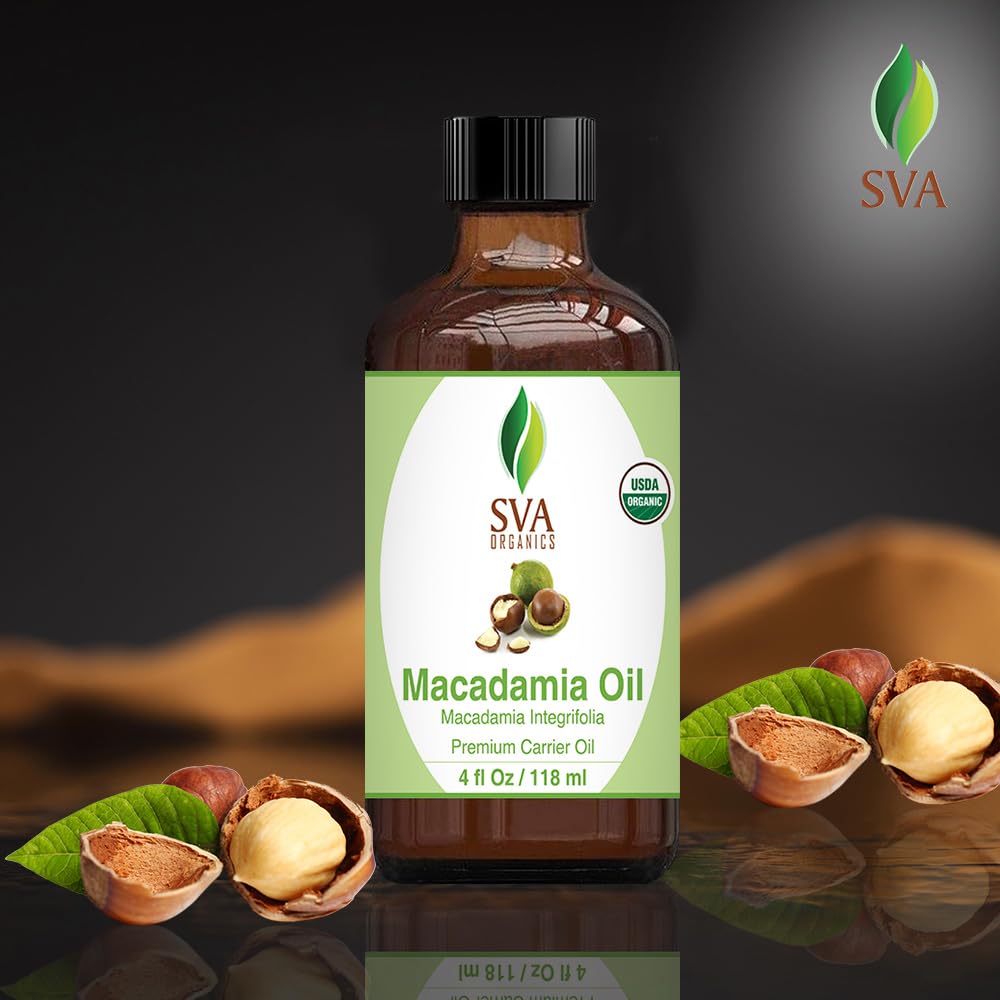 SVA Macadamia Seed Oil Organic - 4 Fl Oz – 100% Natural Cold Pressed Organic Macadamia Oil - for Face, Skin Care, Hair Care, Scalp Massage & Body Massage – Carrier Oil with Dropper