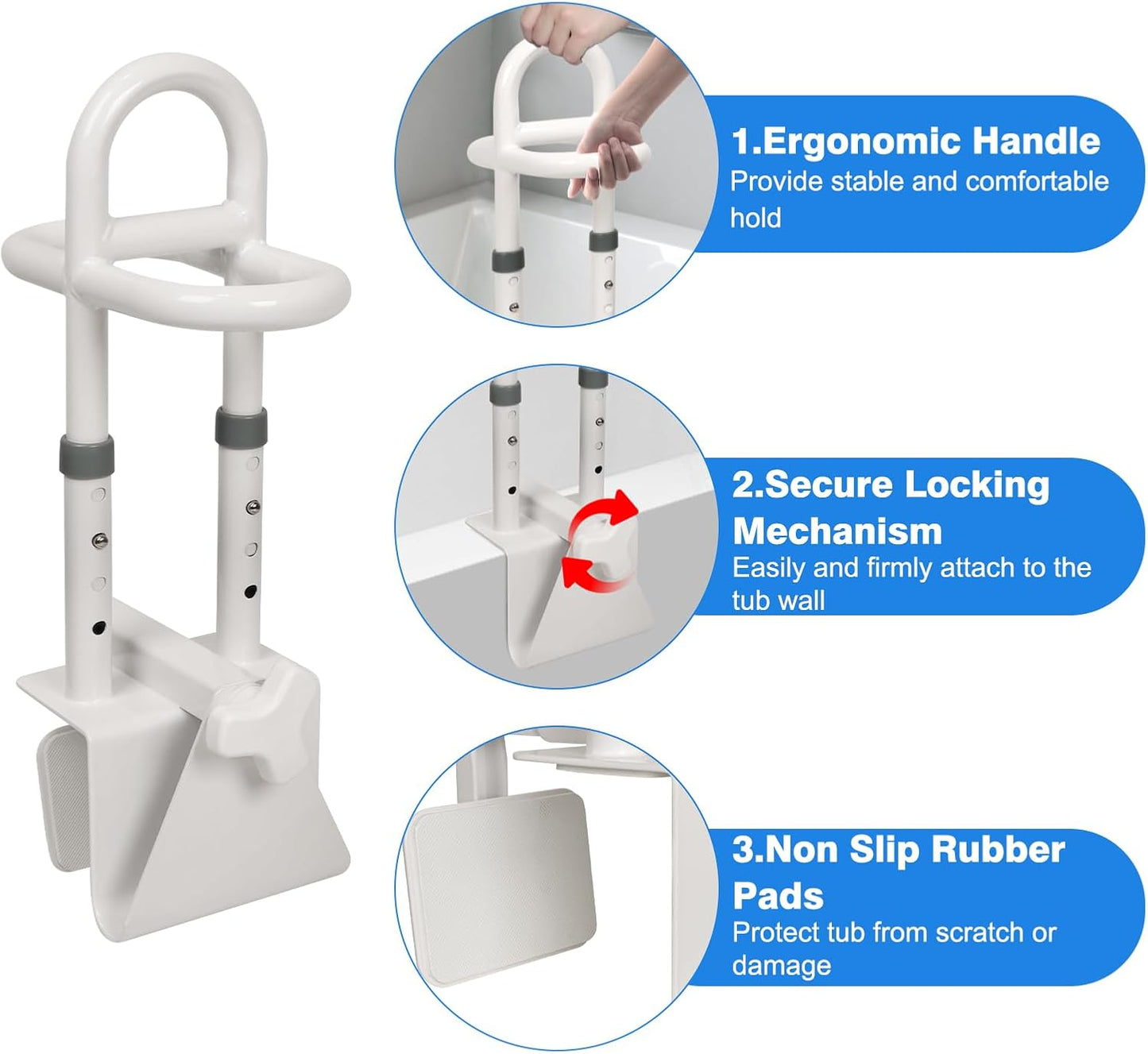 Adjustable Bathtub Safety Rail, Shower Grab Bars Handle with Non-Slip Handle for Seniors, Elderly, and Disabled, Fits 3"–6.7" Tub Walls, Supports 300 lbs