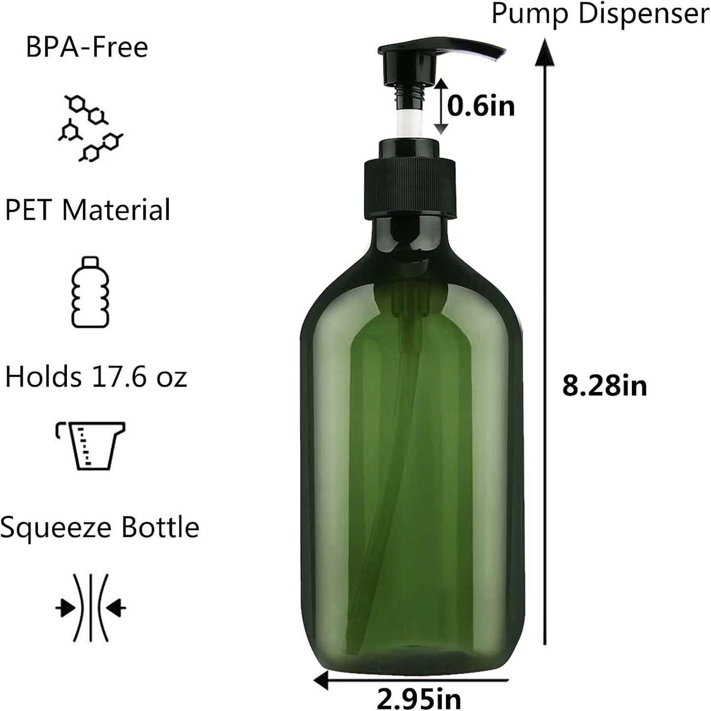 FOOCHY 6 Pack Empty Plastic Bottles with Pump Dispenser and 6pcs Labels Included, Refillable Travel Containers for Hand sanitizer Shampoo Lotion, etc - No BPA/Paraben, 500ml/16.9oz (Green)