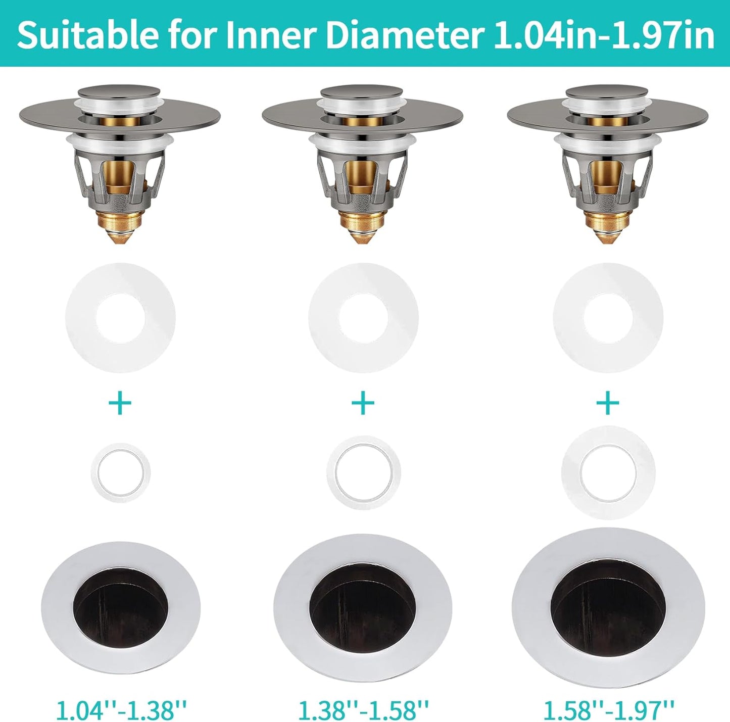 Universal Bathroom Sink Stopper with Hair Catcher, for 1.04-1.97 Inch Drain Hole, Spring Core Bathtub Drain Cover, Pop Up Sink Plug Basin Drain Strainer, Gray