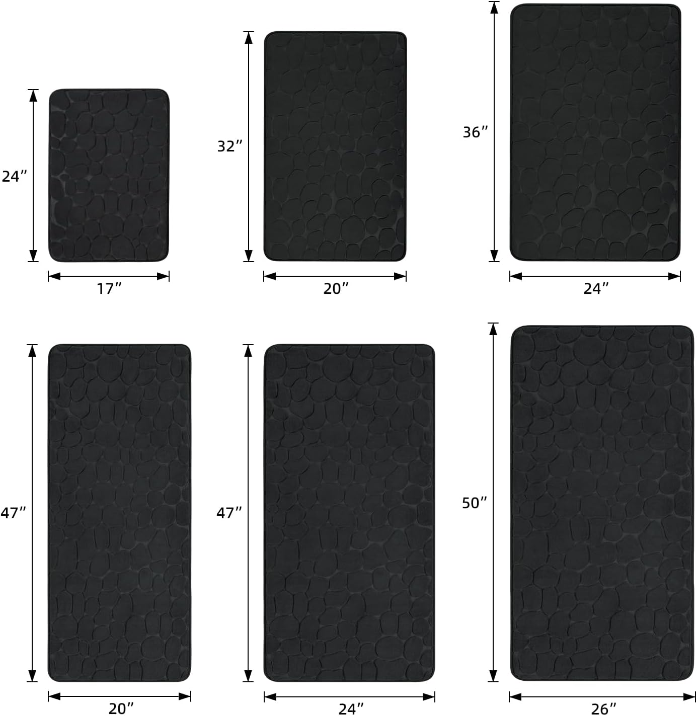 YIHOUSE Memory Foam Runner Rug, Cobblestone Bathroom Runner Rugs Super Water Absorbent Bath Mats for Bathroom Machine Washable Bath Rugs Runner for Hallway Bedroom Laundry Room(24 x 47,Black)