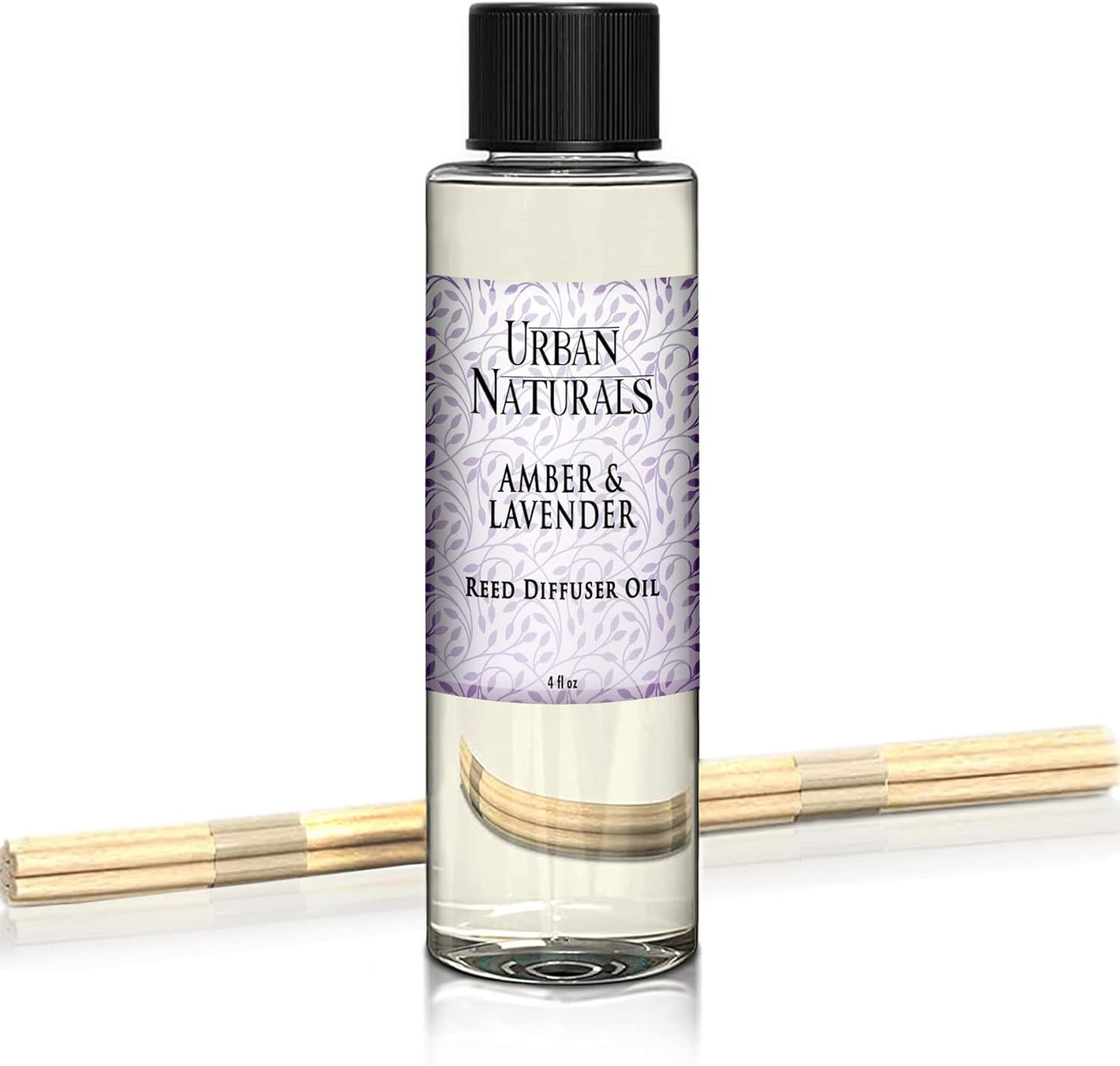 Urban Naturals Reed Diffuser Oil Refill Amber & Lavender, Soothing Lavender, Warm Amber, Calming Room Scent, 4 oz + Free Reed Sticks, Made in The USA