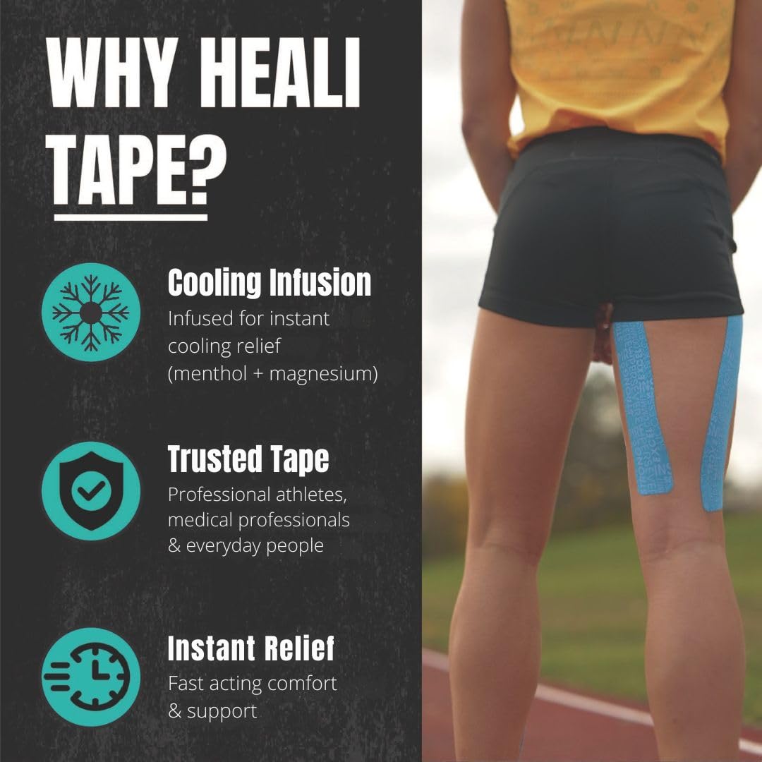 Heali Kinesiology Tape with Magnesium and Menthol, 20 Pcs Precut Strips, K Tape Roll, Knees, Physical Therapy Sports Tape for Muscles and Joints, Water Resistant, Blue Inspo