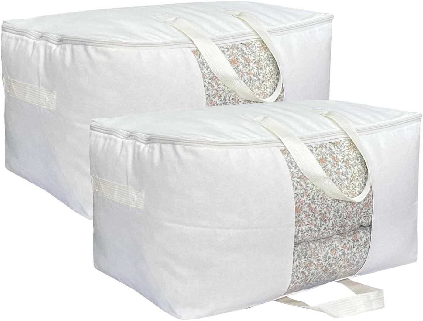 Soft Canvas Clothes Storage Bags with Four Carrying Handles and Clear Window, Closet Organizer for Clothing, Blankets Sheets Pillows and Bedding, 55L, 2 Pack, White