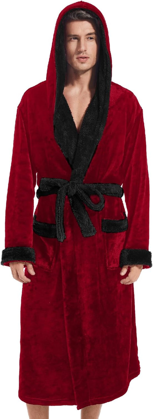 Inner Wish Mens Hooded Robe, Plush Long Bath robes Cozy Warm Bathrobe Fuzzy male Spa Robe With Pockets