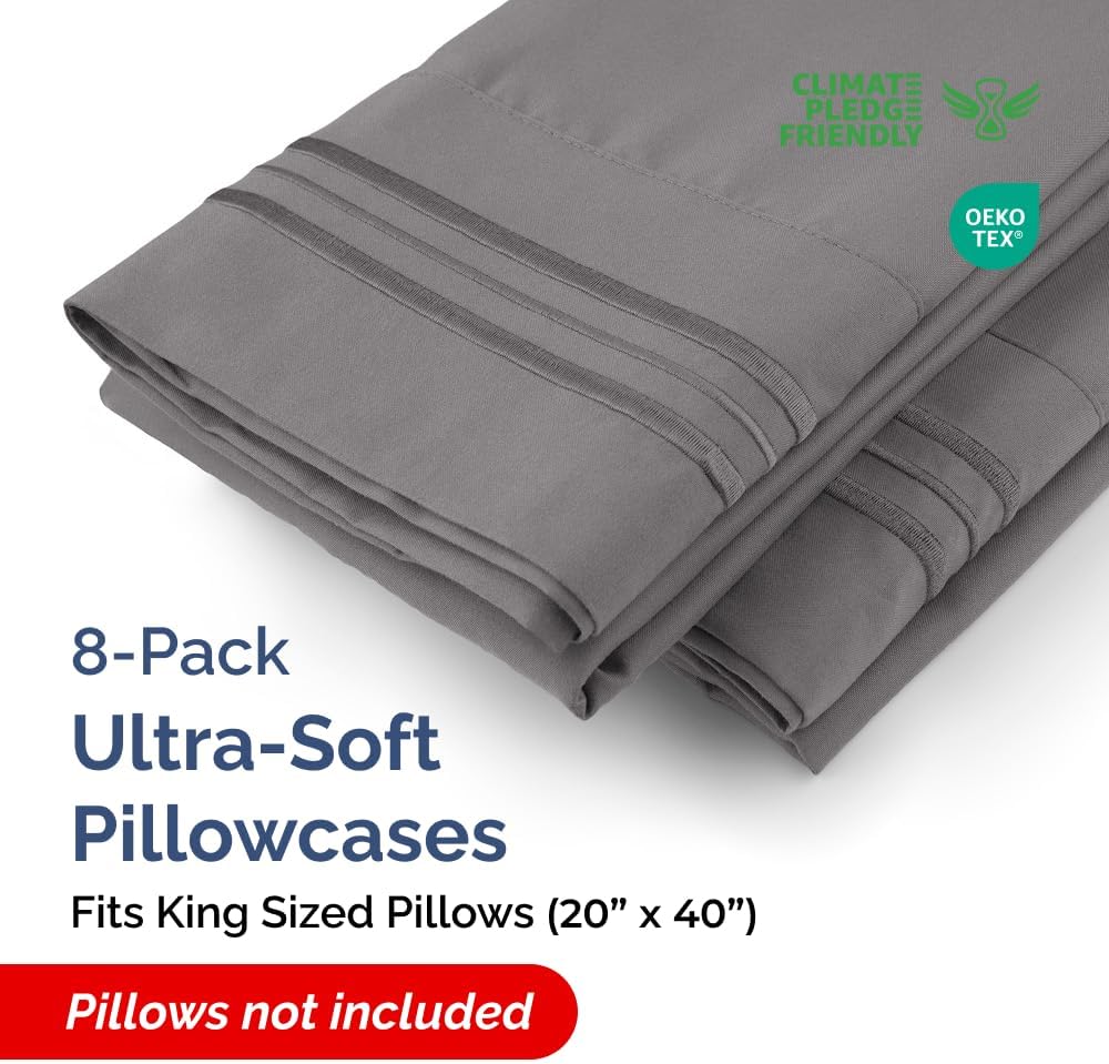 King Pillow Cases Set of 8 - Ultra Soft Hotel Quality Pillowcase Covers - Comfy. Cozy & Wrinkle Free - Shrink, Stain and Fade Resistant - Machine Washable Pillow Protectors - 8 Piece Set - Dark Grey
