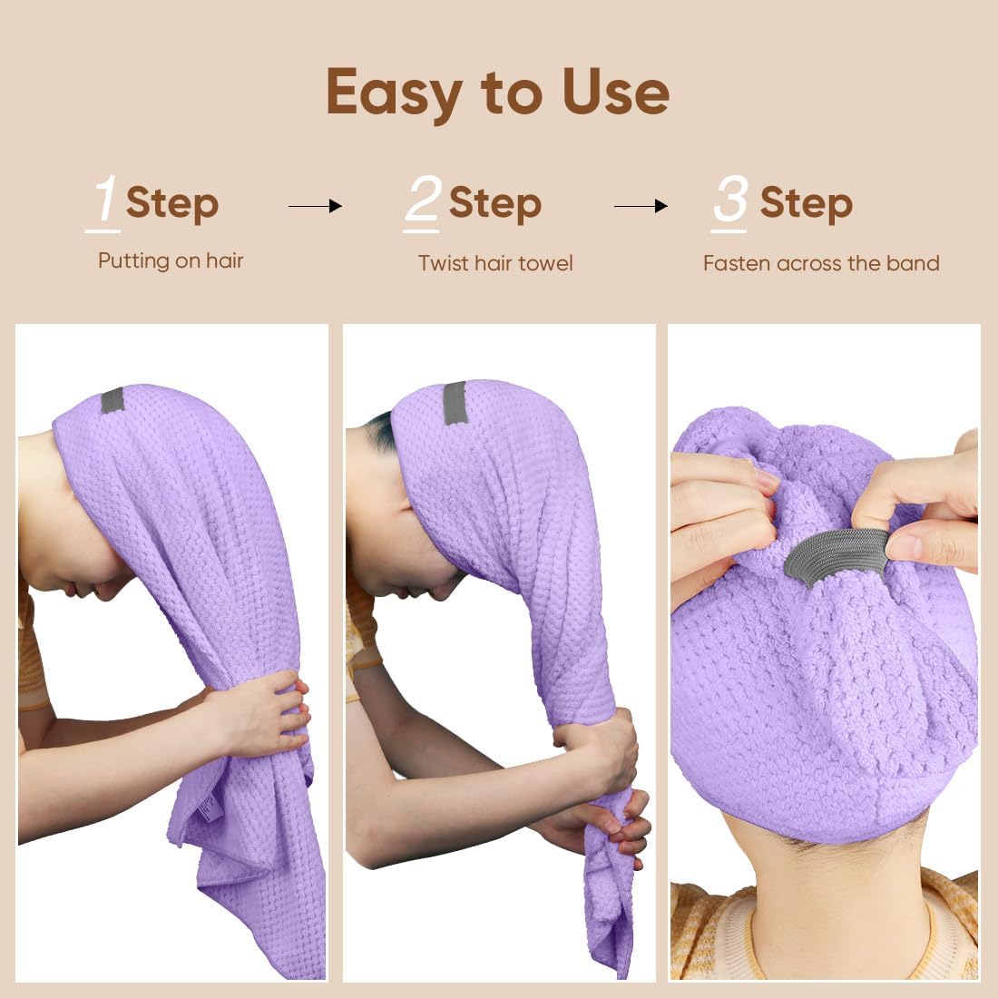 HOMEXCEL 5 Pack Microfiber Hair Towels - 40 x 20 inches Super Soft, Fast Drying Turbans for Long, Thick, Curly Hair - Anti Frizz Wrap with Elastic Strap, Purple/Blue/Grey