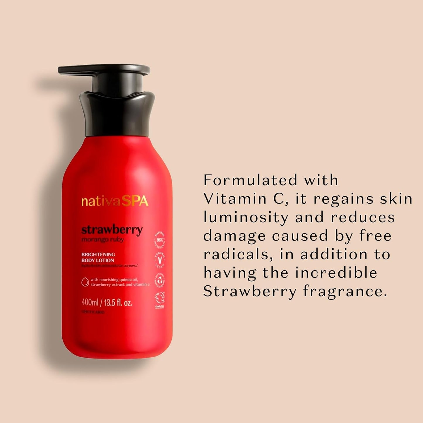 Nativa SPA by O Boticário, Ruby Strawberry Antioxidant Body Lotion, Brightening Vitamin C and Nourishment for Radiant Skin, 13.5 Ounce
