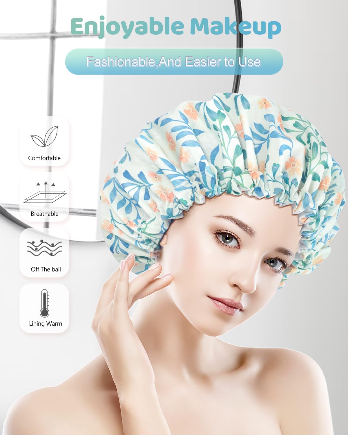 Aquior Shower Caps, Double Layer Waterproof Shower Cap for Women, Reusable Large Shower Cap for all Hair Lengths with EVA Lining, Soft Bath Shower Caps