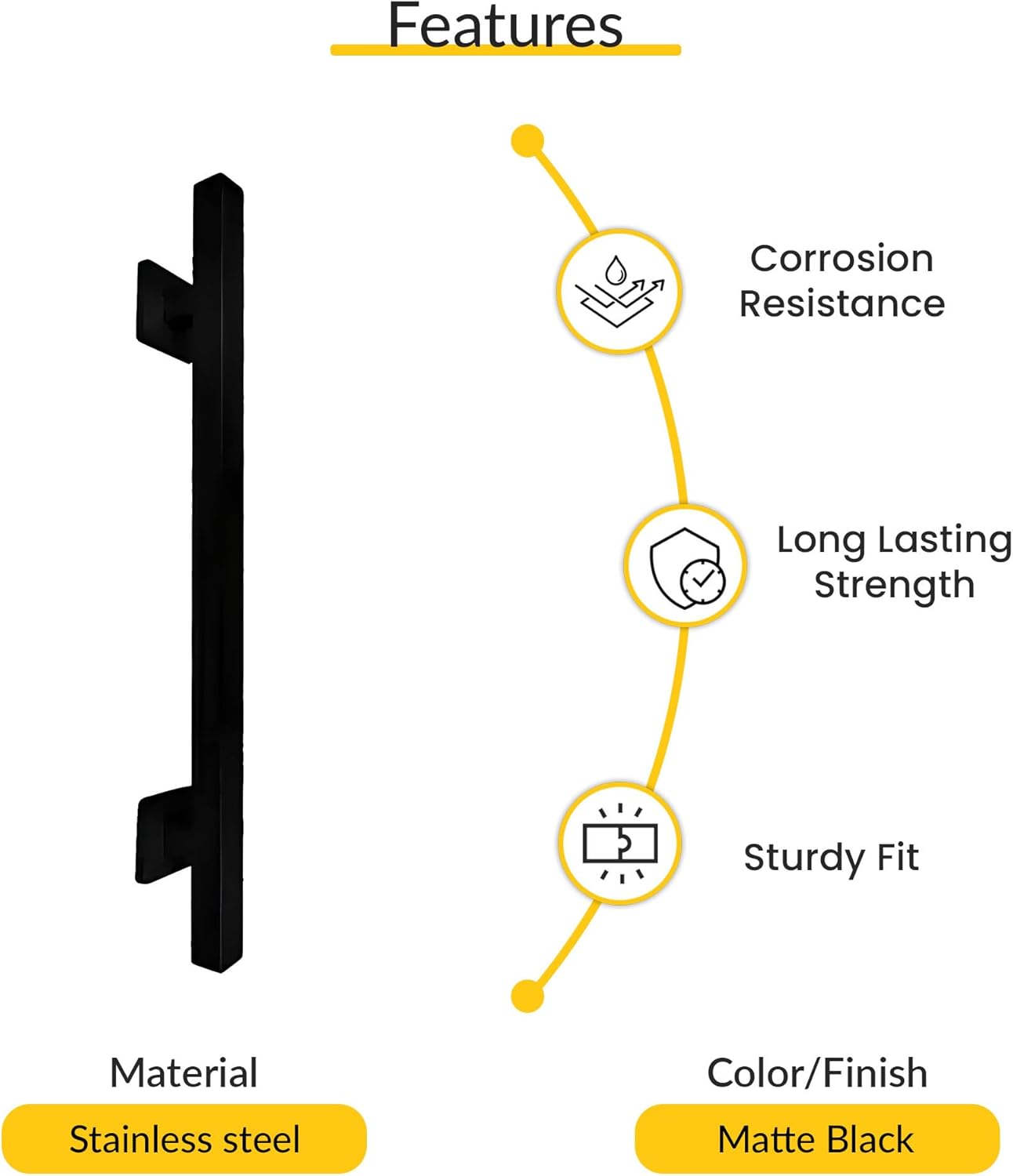 Brixwell Straight Square Grab Bar Stainless Steel Material, Matte Black Finish, 25-1/2" Length, 18" Hole Spacing, Tubular 1-1/4" Diameter, Included Cover Flanges and Mounting Hardware