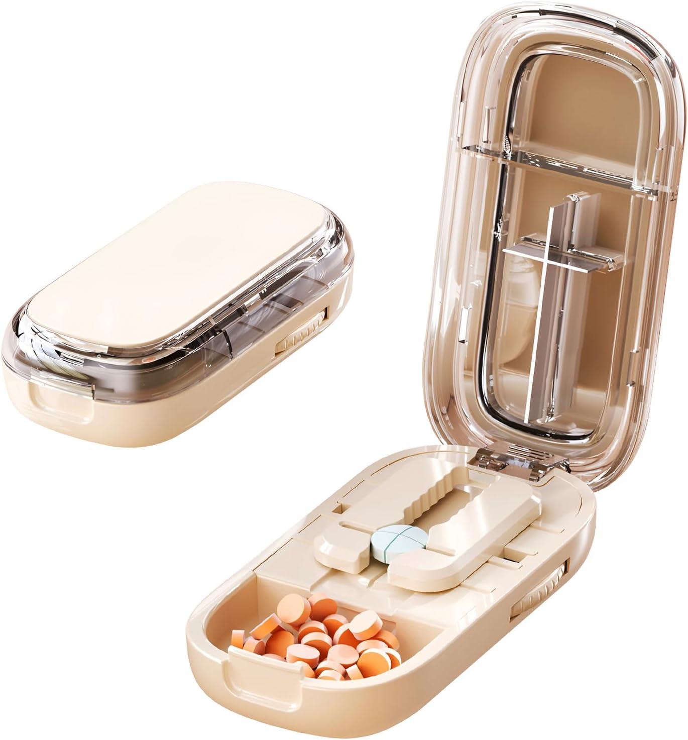 Portable Pill Cutter with Adjustable Slots – Multi Pill Splitter for Small & Large Tablets, Stainless Steel Blade, Clear Cut, Non-Slip Design, Easy to Use for Weekly Medication(Beige, 1/4)