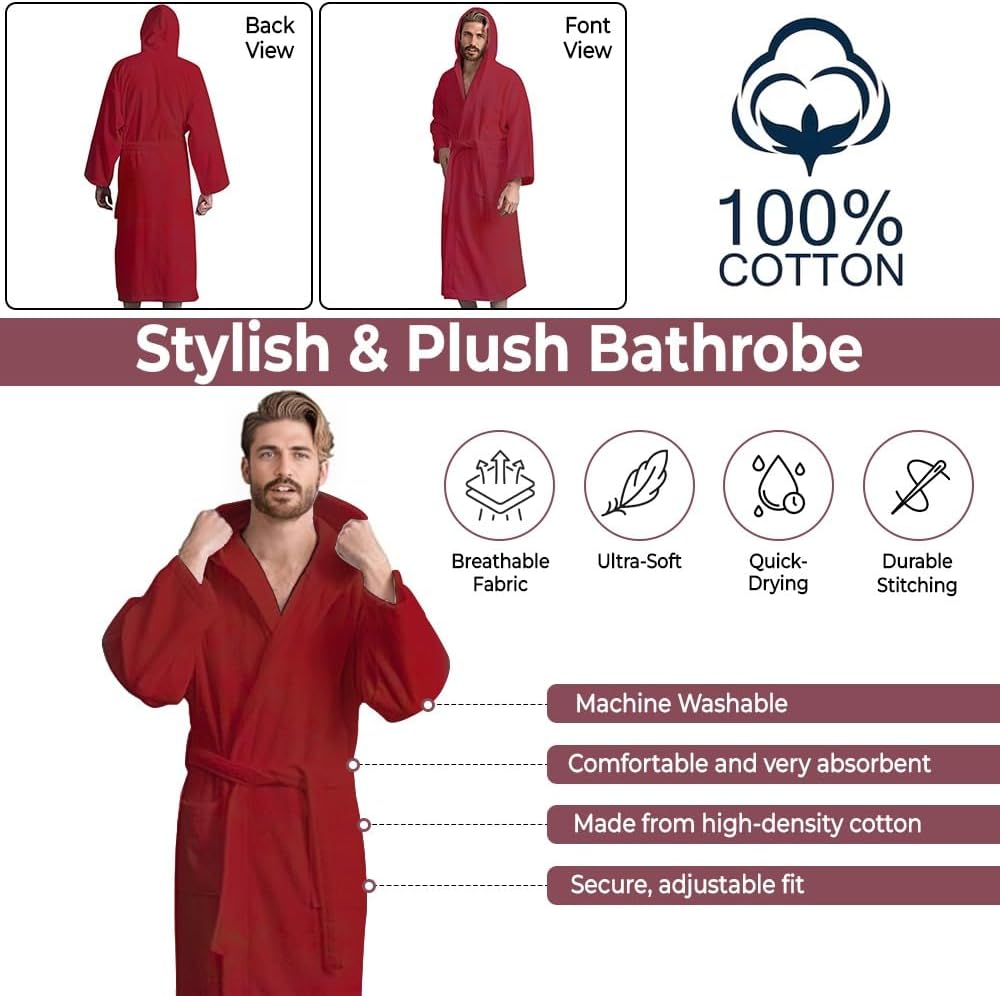 Men’s Hooded Bathrobe, 100% Cotton Terry Bathrobe, Spa Style Bath Robe, Absorbent Shower Robe, Lightweight Towel Bathrobes
