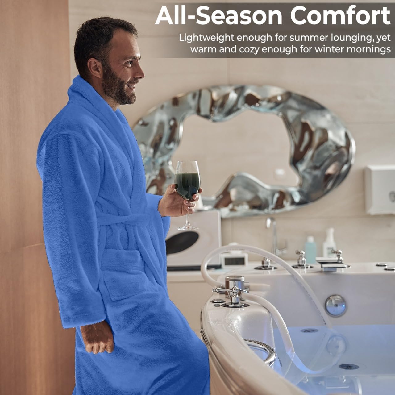 Men’s Hooded Bathrobe, 100% Cotton Terry Bathrobe, Spa Style Bath Robe, Absorbent Shower Robe, Lightweight Towel Bathrobes