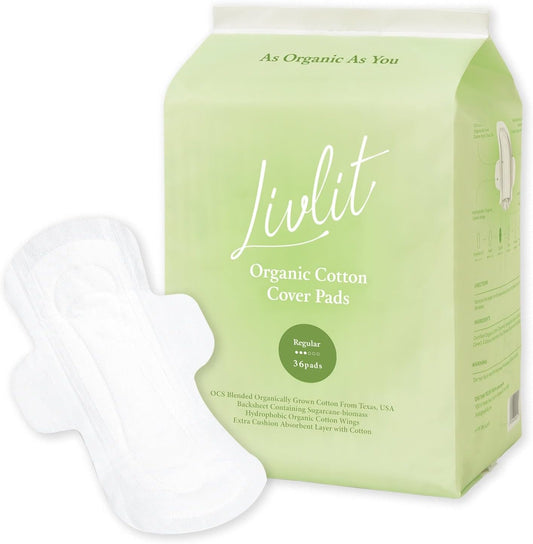 Livlit Regular Size Ultra Thin Sanitary Pads, 100% Organic Cotton from Texas, Powerful Leak Protection, Unscented, Chlorine Free and Absorbency of Feminine Periods, Pads for Women (36 Count)