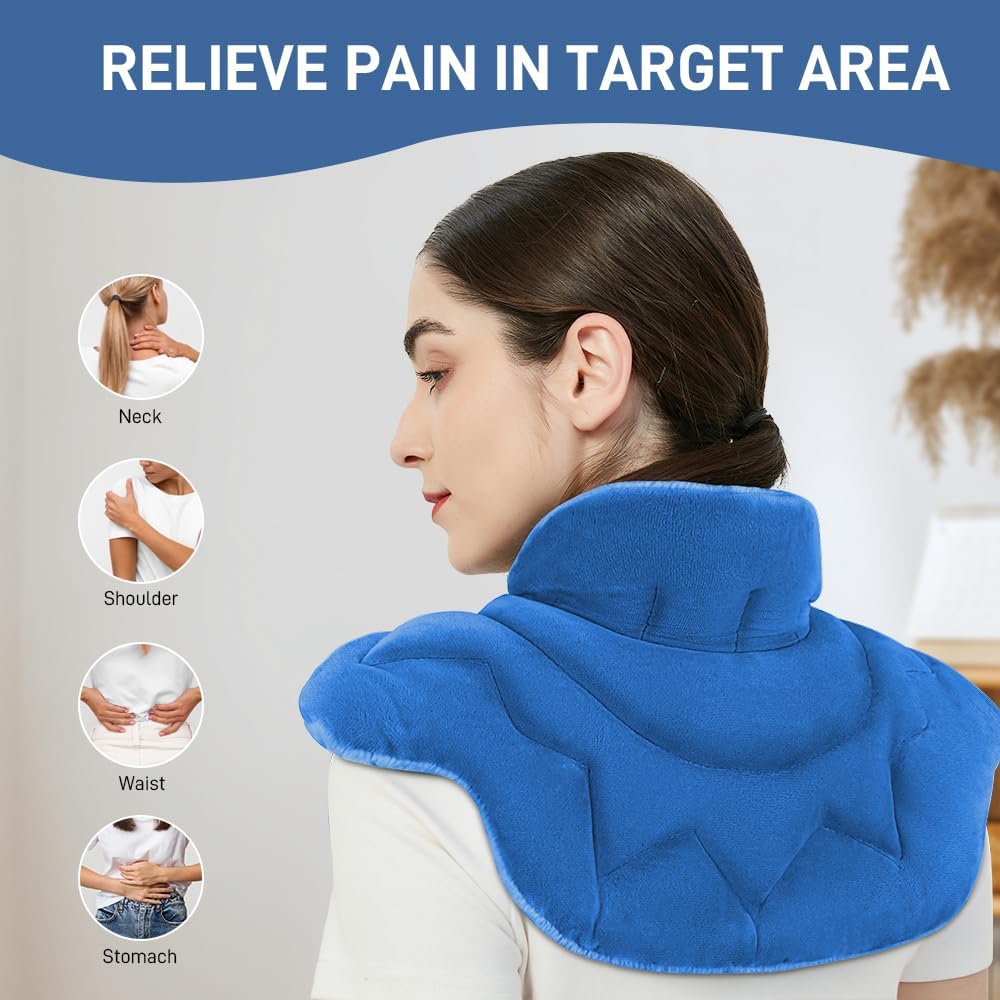 Microwavable Heating Pad for Neck and Shoulders, Weighted Microwave Moist Heated Wrap for Pain Relief Muscle Stress Tension, Heat Neck Wrap with Aromatherapy, Hot & Cold Compress, Blue