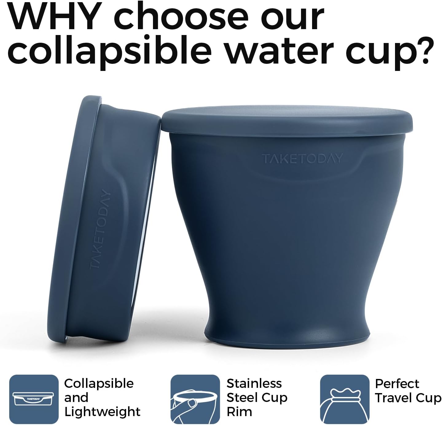 TakeToday Collapsible Travel Cup - Silicone Foldable Water Cup, BPA-Free with Lid & Waterproof Bag - Drinking Cup Set for Camping, Outdoors & International Travel（8 Oz, Navy）