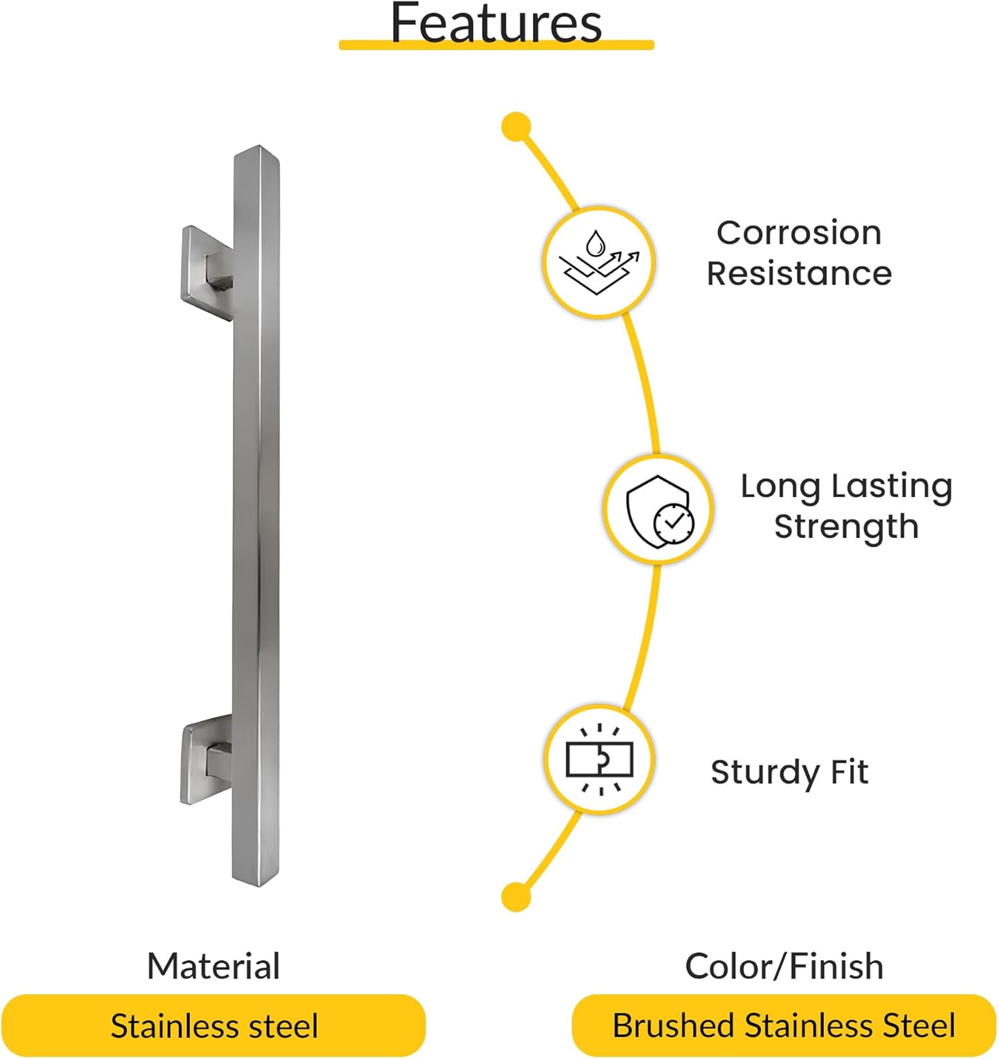 Brixwell Straight Square Grab Bar Stainless Steel Material, Brushed Stainless Steel Finish, 25-1/2" Length, 18" Hole Spacing, Tubular 1-1/4" Diameter, Included Cover Flanges and Mounting Hardware