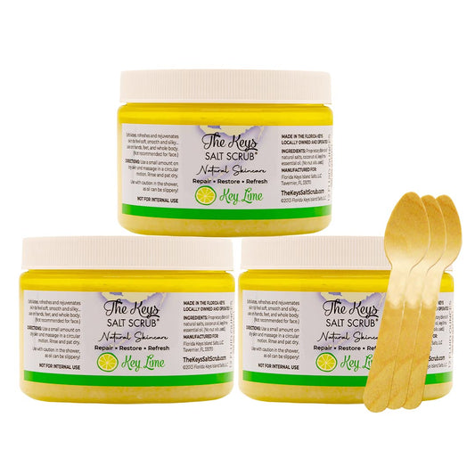 The Keys Salt Scrub -Sea Salt Scrub - Exfoliating Body Scrub with Wooden Spoon - Moisturizing Exfoliator for Hands, Foot, Bath, (12 Ounce (Pack of 3), Key Lime)