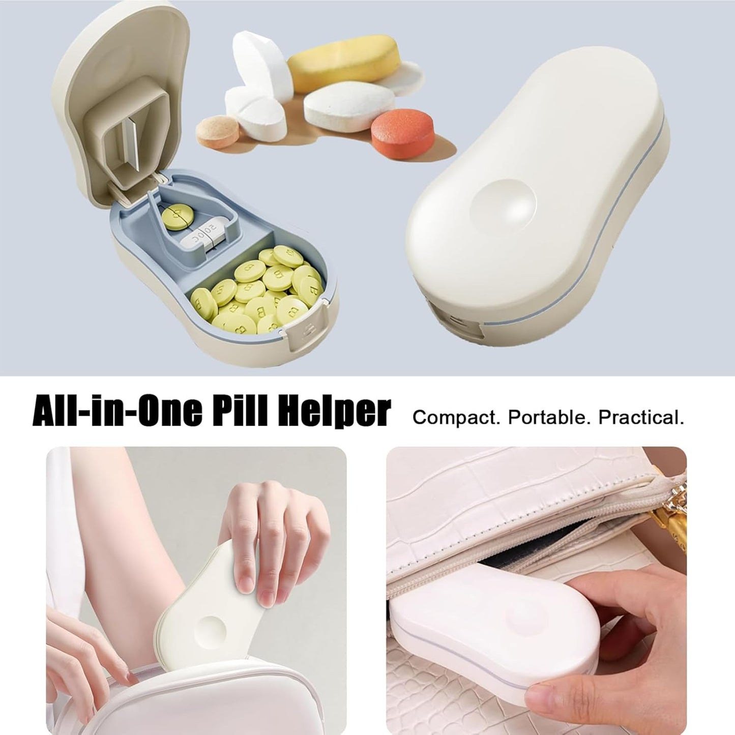 Pill Cutter Splitter for Small and Tiny Pills - Tablet Cutter with Centering Device, V-Slot, Storage and Cleaning Brush - Medicine Slicer for Accurate Cuts (White)