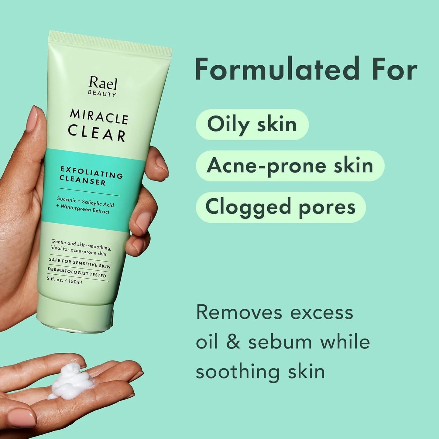 Rael Miracle Clear Face Wash – Gentle Exfoliating Cleanser with Succinic Acid & Minerals, Hydrating Formula for Daily Use, Ideal for Acne-Prone, Dry, Sensitive & Oily Skin, Vegan (5 fl oz)