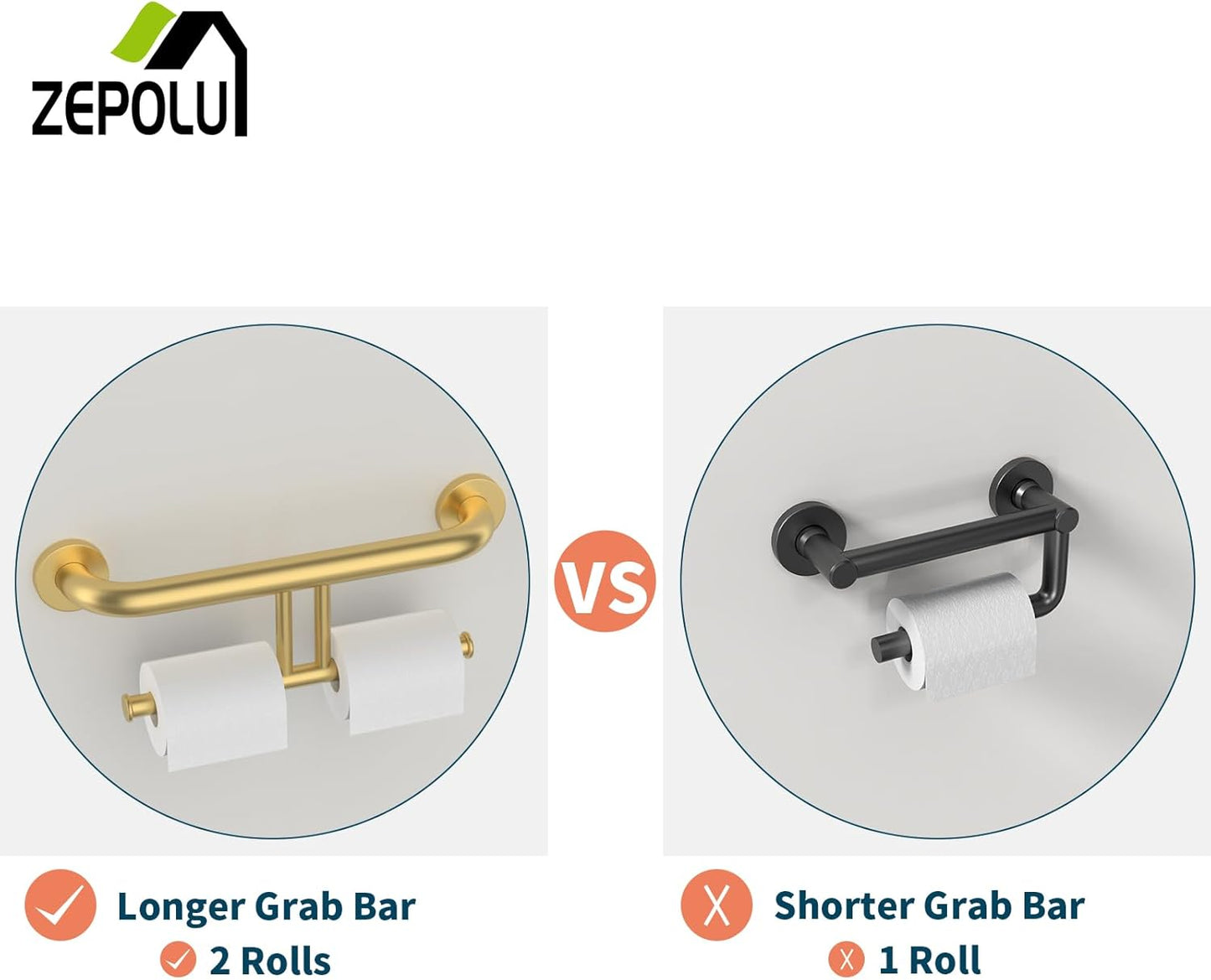 Brushed Gold Grab Bar for Bathroom 17 Inch, Zepolu Stainless Steel 2-in-1 Safety Handrail w/Double Toilet Paper Holder, Wall Mounted Balanced Support Bar Assist Handle for Senior Elderly Handicap