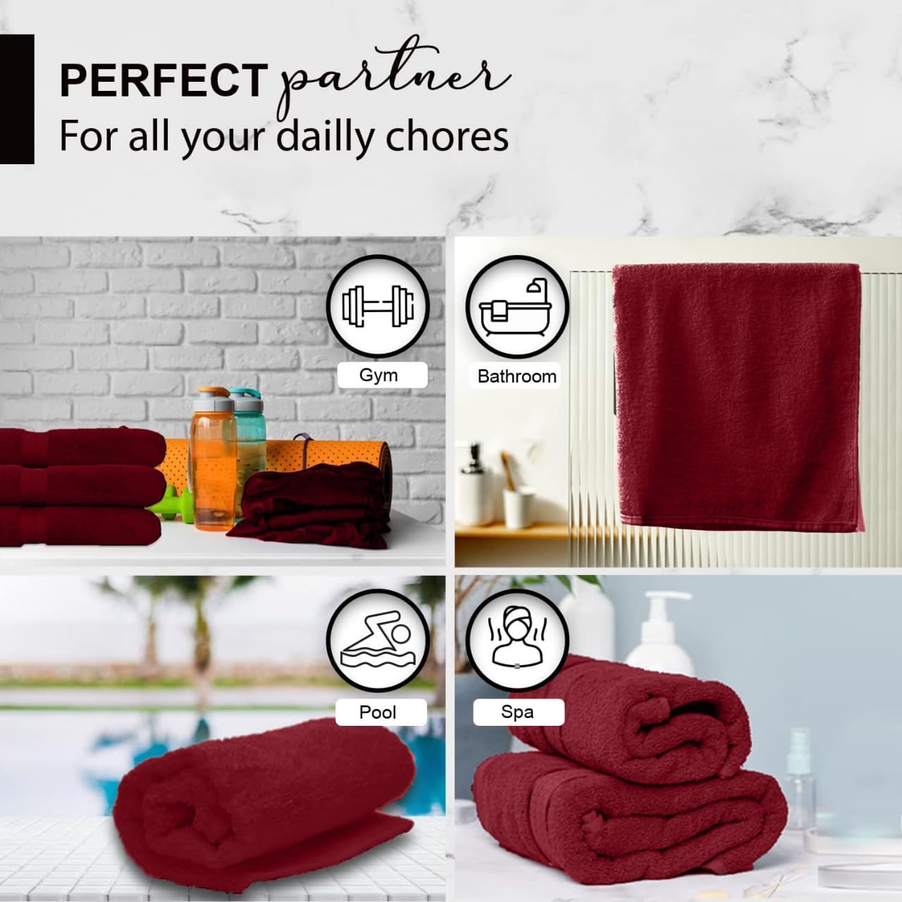 100% Cotton Bath Towels, 24x48 Pack of 6 Towels, Quick Dry, Highly Absorbent, Soft Feel Towel, Gym, Spa, Bathroom, Shower, Pool, Luxury Soft Towels (Burgundy, 24x48-6 Pack)