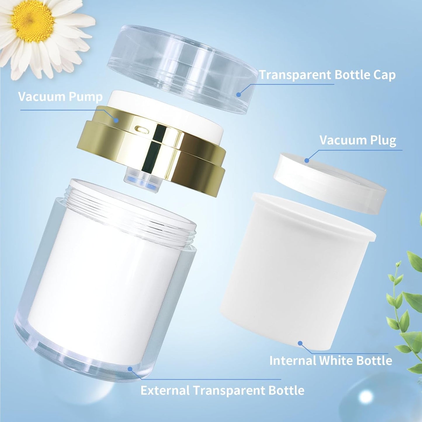 2Pack Airless Pump Jars with Cosmetic Spatula, 3.5 oz Empty Refillable Cosmetic Air Pump Jars Bottles Airless Lotion Cream Dispenser Portable Travel Makeup Containers (Gold)