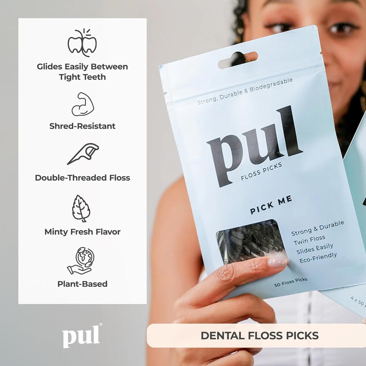 PUL Dental Floss Picks – Mint Teeth Flossers for Deep Cleaning, Removing Food Particles & Plaque – Shred-Resistant Nylon Floss, Plant-Based Handle, Fluoride Free – for Adults & Kids (50 Count)