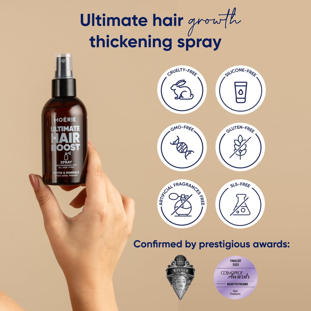 Moerie Ultimate Hair Boost Spray Designed to Strengthen Hair & Restore Scalp Health - 100% Natural Hair Serum for Hair Boost with over 100 Minerals, Vitamins & Amino acids - Fresh Scent - 5.07 Fl. Oz