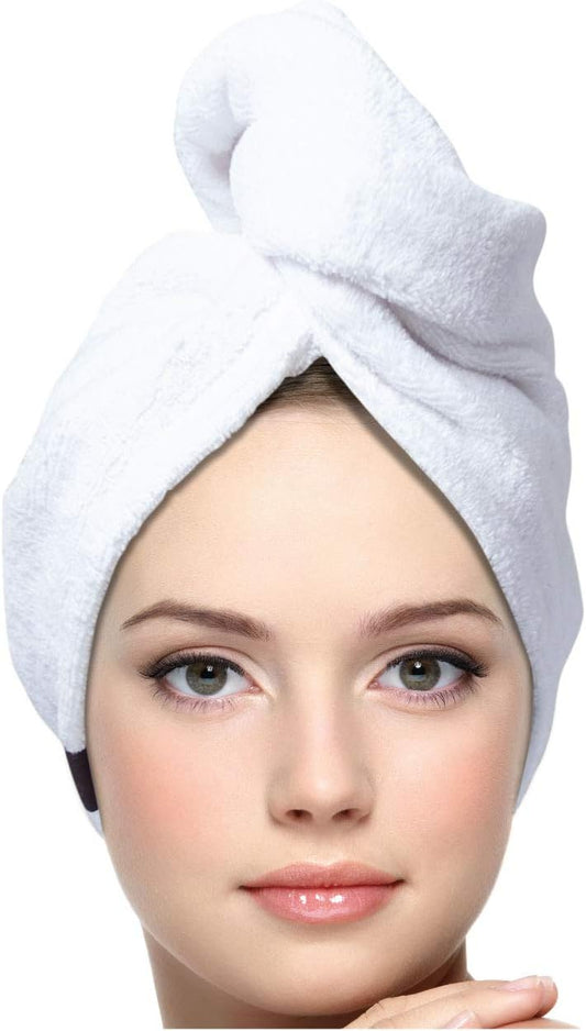 KEEPOZ 100% Cotton Hair Towel Wrap Quick Dry Super Absorbent Turban Head Wrap for Women with Button, Anti Frizz, Hair Cap for Curly, Long & Thick Hair (White, 1 Pc)