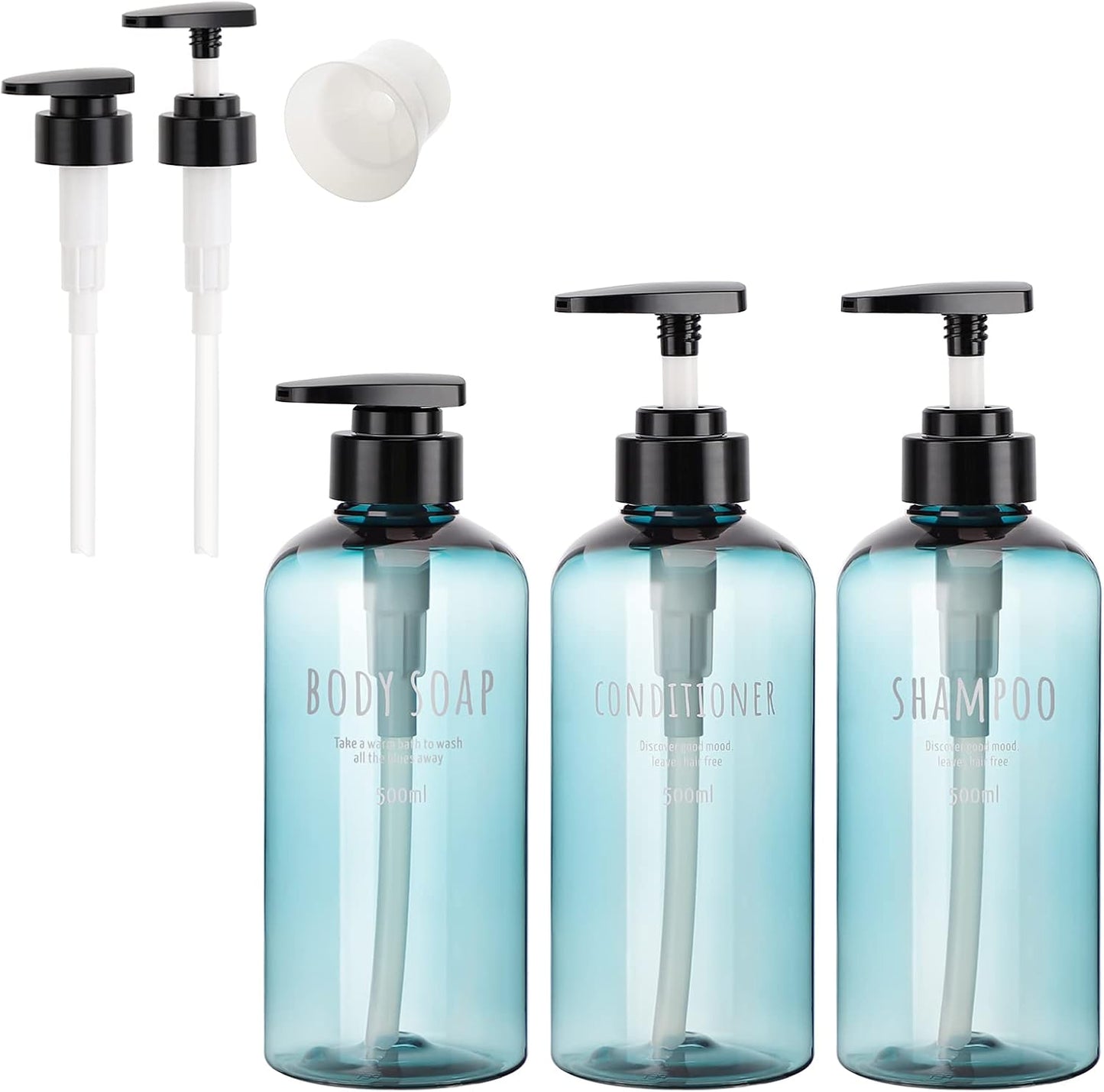 Shampoo Bottles with 2 Extra Pumps, Segbeauty 3pcs 16.9oz Bathroom Shampoo and Conditioner Dispenser with Funnel, 500ml Empty Plastic Refillable Shampoo Bottles for Shower, Large Pump Bottles Blue