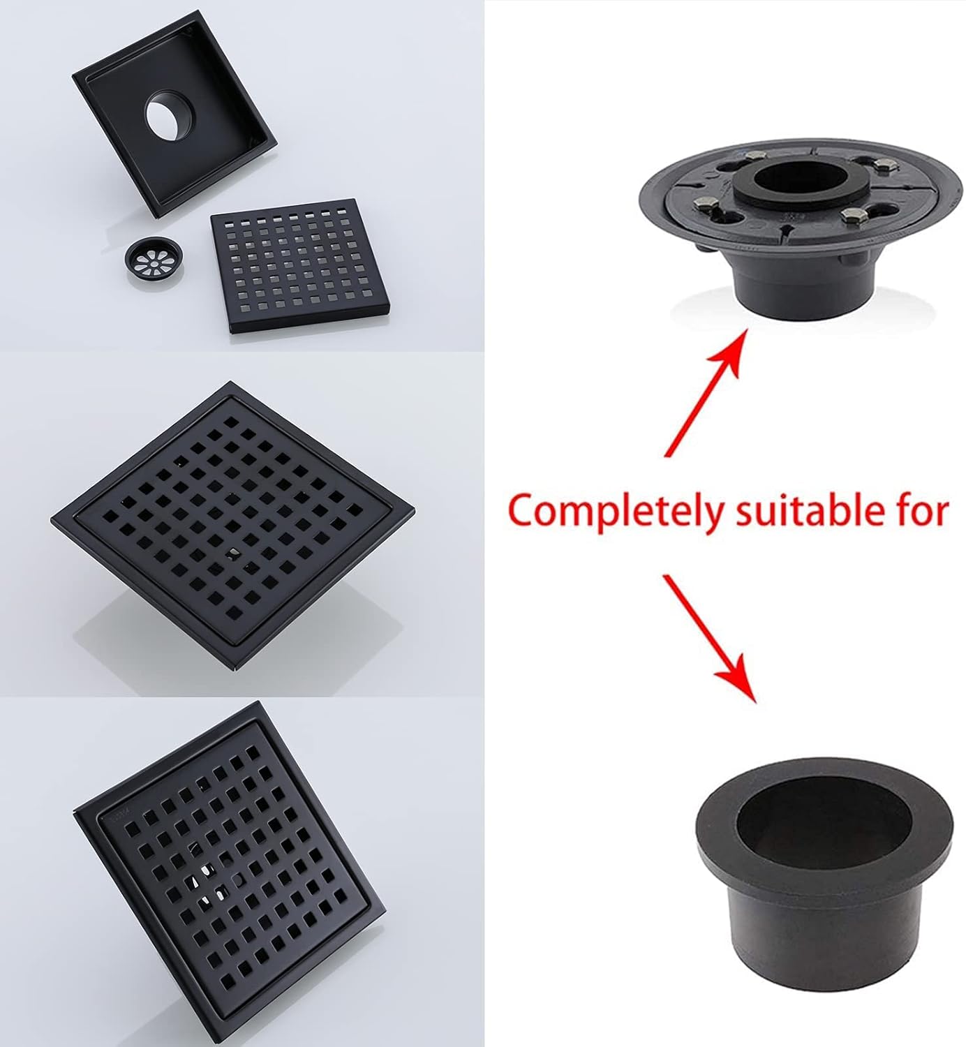 RANDOM Matte Black Square Shower Drain 6 Inch Drain Cover 304 Stainless Steel Floor Drain Grate with Removable Hair Strainer,6" Black Shower Drain
